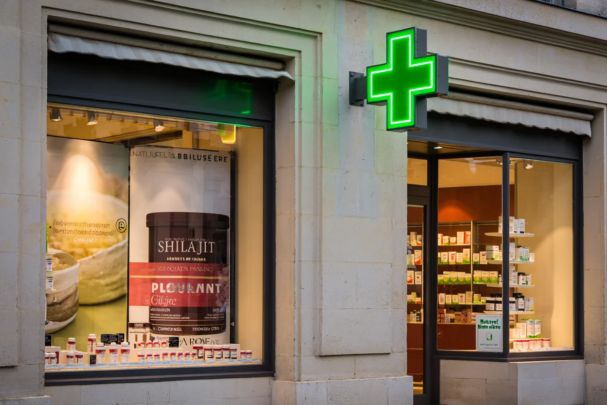shilajit présent dans une vitrine de pharmacie