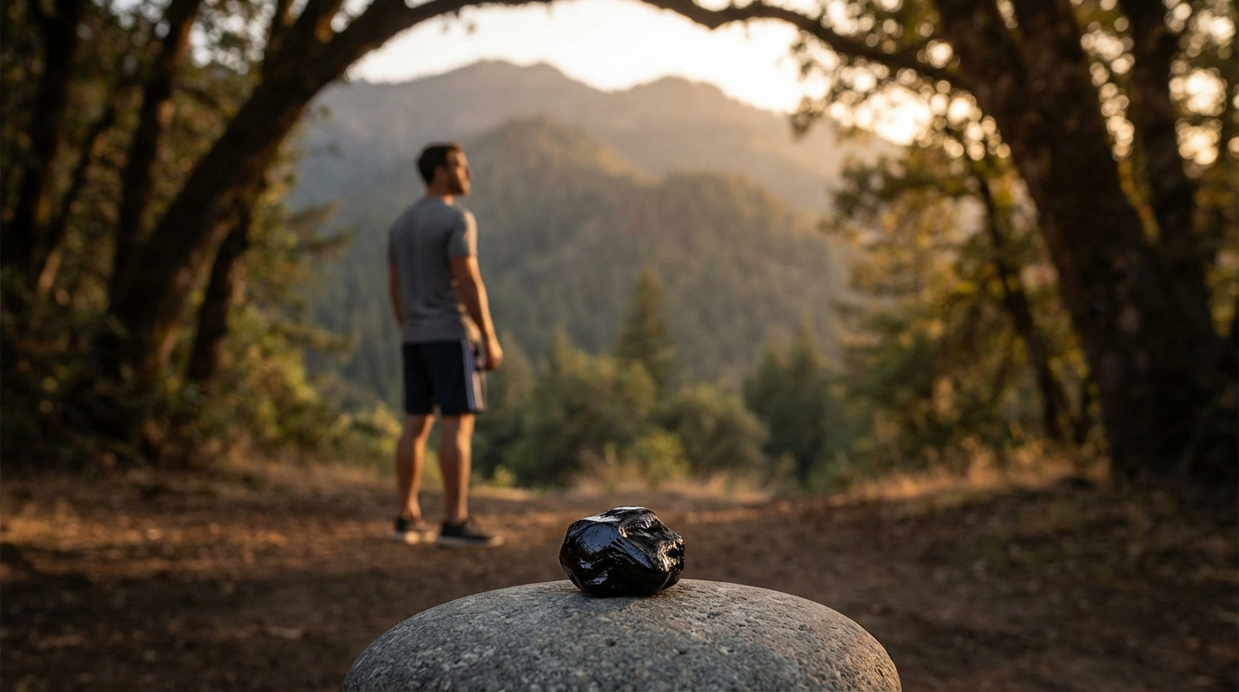 Shilajit noir brillant sur une pierre au premier plan. En arrière-plan flou, un homme regarde un paysage montagneux et forestier.