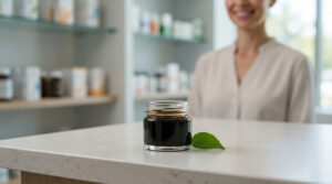 Pot de shilajit Feel Pure et feuille verte sur un comptoir de pharmacie, avec une pharmacienne souriante en arrière-plan.